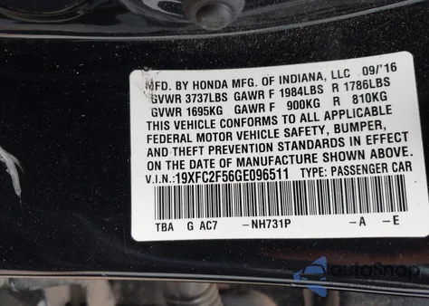 2016 Honda Civic Lx from USA, damaged, VIN 19XFC2F56GE096511